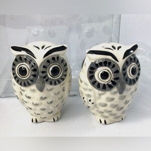 Mainstays Ceramic Set Salt and Pepper Shakers  Owls White Grey 3" H